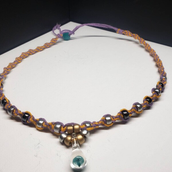 Lilac Purple and Gold Colored Hemp Mini Teal Mushroom Necklace / Choker with Czech Glass Accent beads in Silver, Gold and Hematite