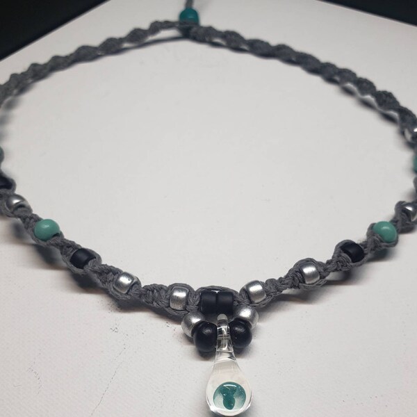 Grey Colored Hemp Mini Teal Mushroom Necklace / Choker with Czech Glass Accent beads in Silver and Black and Aqua & Black Colored Wood Beads