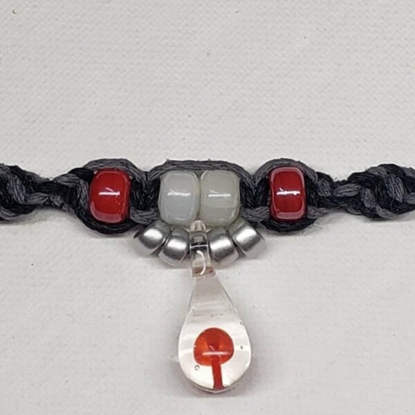 Black and Grey Colored Hemp with all Glass Beads and a Glass Mushroom Adjustable Necklace / Choker