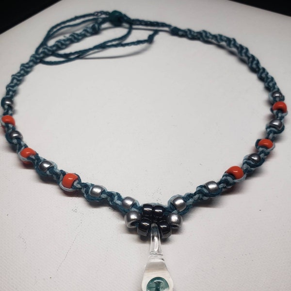 Teal and Baby Blue Colored Hemp Mini Teal Mushroom Necklace / Choker with Czech Glass Accent beads in Silver, Orange and Hematite