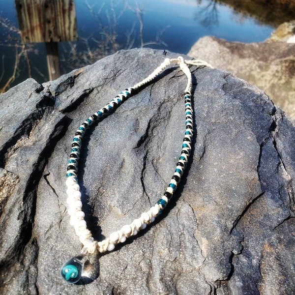 Natural Colored Hemp Mini Teal Mushroom Necklace / Choker with Teal, Black and White Accent Beads