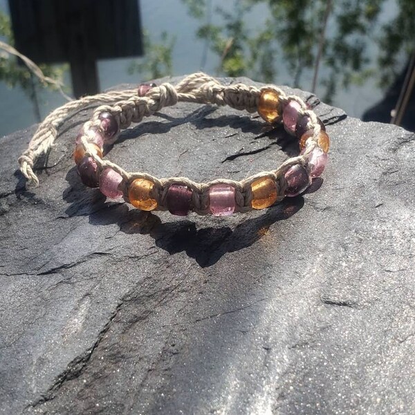 NATURAL Colored Hemp with Purple, pink and tan all Glass Beads bracelet Earthy natural tones