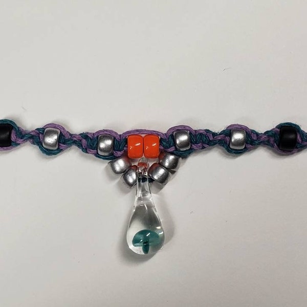 Lilac Purple and Teal Colored Hemp Mini Teal Mushroom Necklace / Choker with Czech Glass Accent beads in Silver Black and Orange