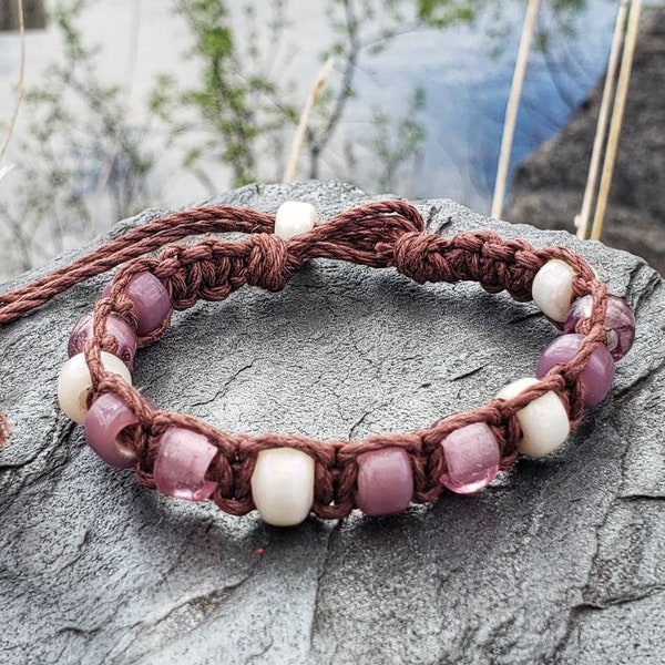 Brown Colored Hemp with Purple, pink and cream all Glass Beads bracelet Earthy natural tones