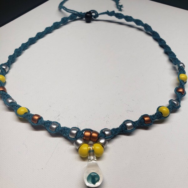 Teal Colored Hemp Mini Teal Mushroom Necklace / Choker with Czech Glass Accent beads in Silver and Dark Copper and Yellow Wood Beads