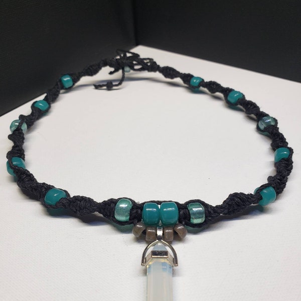 Black Colored Hemp Necklace / Choker with Crystal Pendant Healing Balance Chakra Charm. TEAL  and AQUA Colored Glass Beads