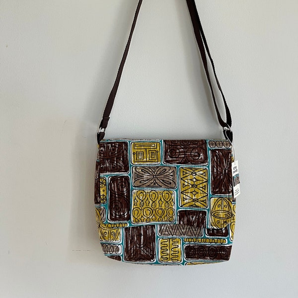 Sac à bandoulière vintage hawaïen Tiki en tissu d'écorce avec bretelles réglables/marron chocolat, cacao, turquoise, chartreuse/géométrique