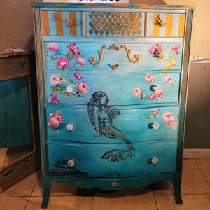 Stock Photo to reproduce. Do not Buy Blue, Mermaid Dresser, 5 Drawers, Flowers, Gold Leaf, Bubble Glass Knobs, Hand Painted, Solid Wood