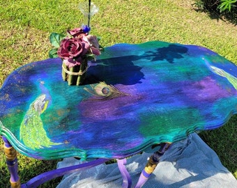 Stock photo to reproduce. Do not buy! Peacock Table, Wood, Scrolled Legs, Hand Painted in Gold, Purple, Teal w/ Black Wax & Gold leaf