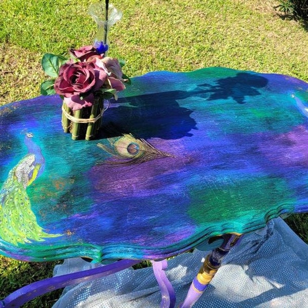 Stock photo to reproduce. Do not buy! Peacock Table, Wood, Scrolled Legs, Hand Painted in Gold, Purple, Teal w/ Black Wax & Gold leaf