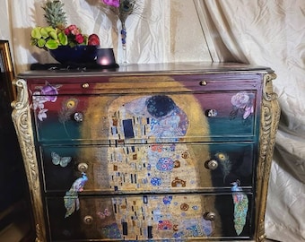 Gustav Klimt,"The Kiss", Hand Painted,Solid Wood, Dresser,Console,Desk w "Freya",3 Drwr,Black,Green,Red,Gold Leaf,Peacocks, FREE SHIPING