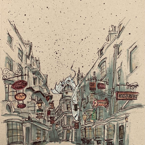 Una vista mágica del Callejón Diagon de Harry Potter, creada sobre papel color canela utilizando diversos materiales artísticos.