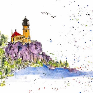 May include: Watercolor painting of a lighthouse on a rocky cliff. The lighthouse is yellow with a red roof and black top. The cliff is purple, and the water is blue. Trees and birds are also visible.
