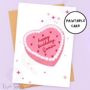 Carte de joyeux anniversaire Gémeaux imprimable | Carte d'astrologie à téléchargement immédiat | vintage Cake coquette esthétique pour elle | Cadeau tendance de dernière minute