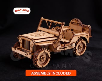 Rompecabezas 3D de Jeep Willys de madera cortado con láser / Modelo militar DIY / Archivo digital CNC y Glowforge