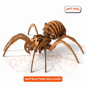 Puede incluir: Rompecabezas de madera de una araña con un diseño detallado. La araña está construida con múltiples piezas de madera, mostrando un abdomen en capas y patas articuladas. Incluye el texto "INSTRUCTION INCLUDED" y el logo "ONLY ARTS COMPANY".