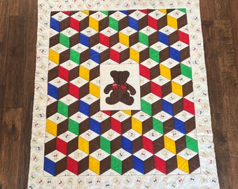 Vintage Linens - Handmade Baby Quilt - Teddy Bear Blanket - 50" X 42.5"