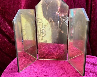 Vintage Home Decor - Triptych Vanity Mirror with Spooky Finish - Beveled Glass
