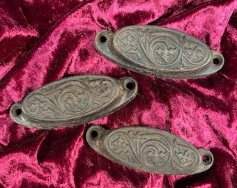 Vintage Home Decor - Antique Victorian Hardware - Cast Iron Drawer Pulls - Set of 3