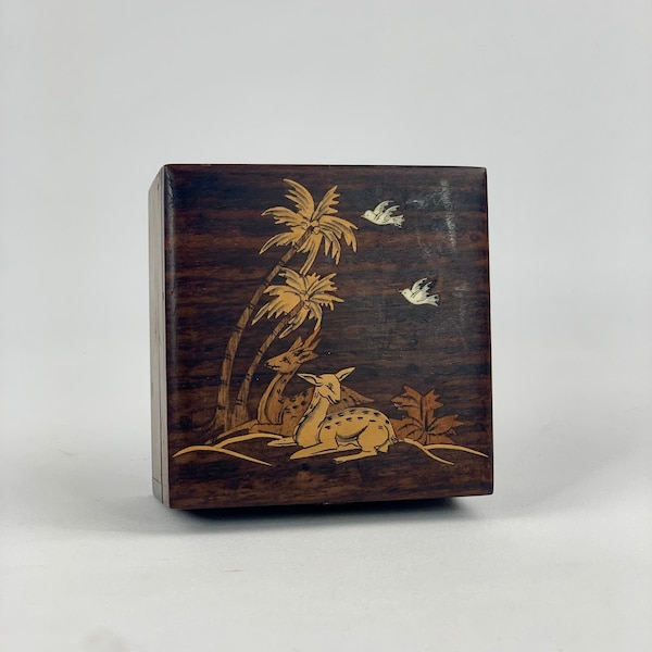 Vintage Dark Wood Trinket Box | Inlaid Palm Trees & Deer | Retro Jewelry Holder