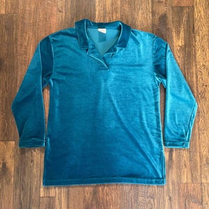 Vintage Clothing - Long Sleeve Velour Polo - Retro Aqua Blue - Large - Partners