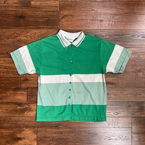Vintage Clothing - Button Up Polo Shirt - Green and White Stripes - Carriage Court - Medium