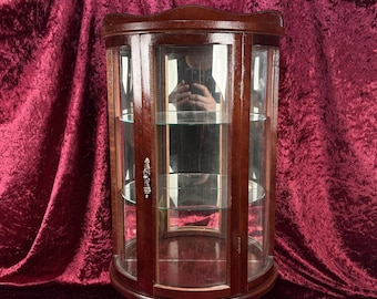 Vintage Curio Cabinet - Table Top Wood Curved Glass Cabinet - Mirrored Back - Glass Shelves - 20" Tall