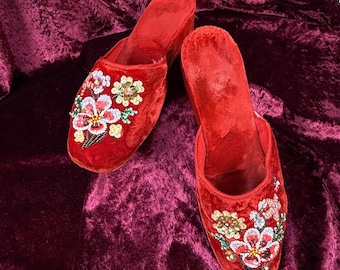 Vintage Shoes - 1950s Red Velvet Wedge Slippers - Sequined Floral Bouquet - Size 6.5 / 7