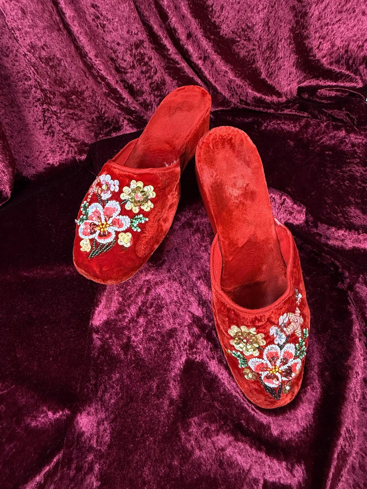 Vintage Women\'s Queens Blue Velvet Plaid Slippers Italy Preppy Academia‎ Bow Vintage Velvet Slippers - Etsy main image 4