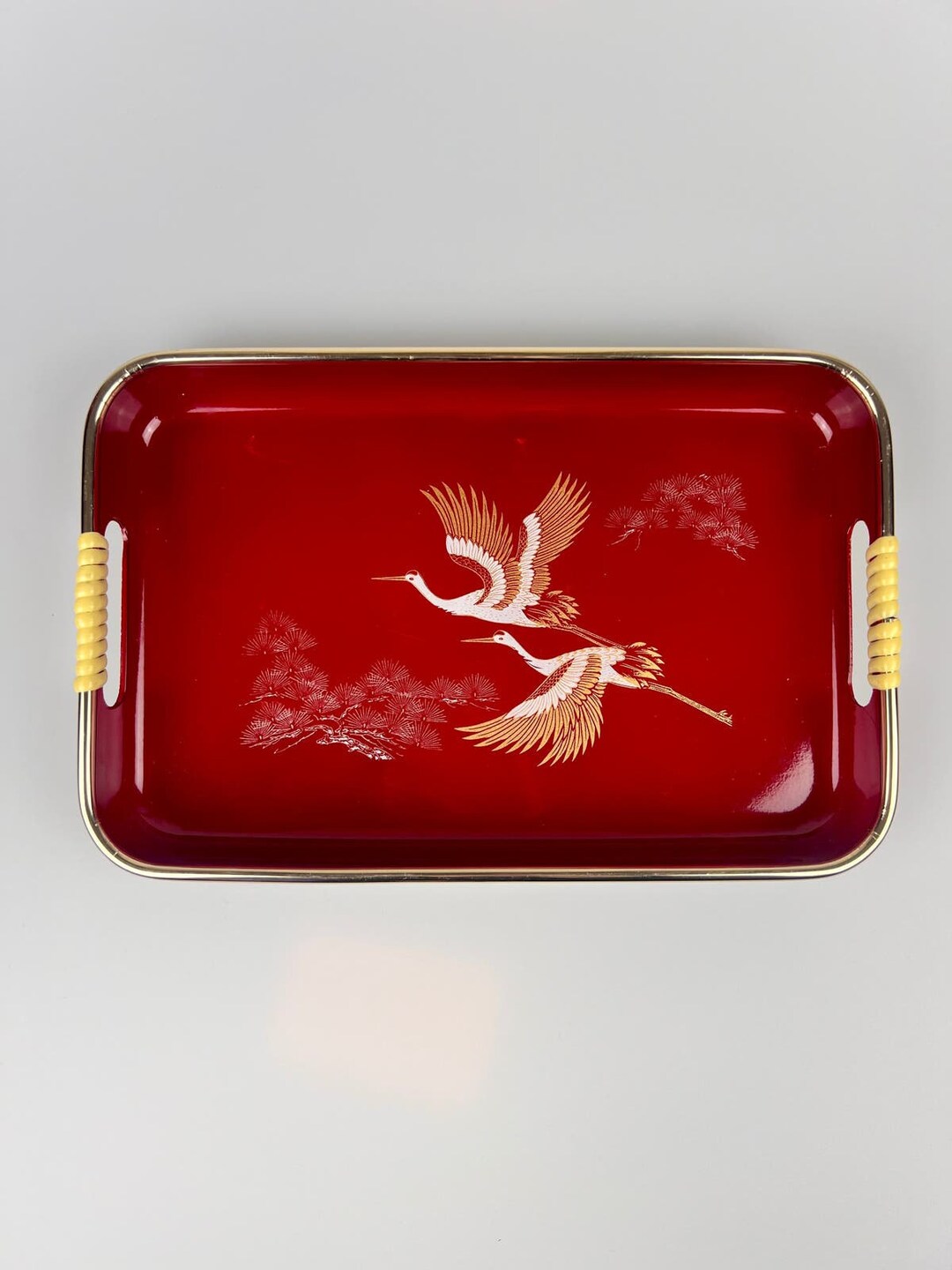 Vintage Toyo Japan Lacquerware Tray Red Flying Cranes Retro Mid Century