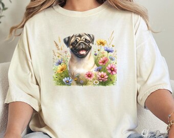 Pug Wildflowers Shirt, Floral Pug Dog Lover Crewneck, Botanical Pug Mom Pullover, Gift for Pug Owner, Pug Mama Apparel