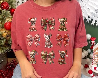 French Bulldog Christmas T-Shirt, Frenchie Dog Lover Holiday TShirt, Christmas Coquette Bows Shirt