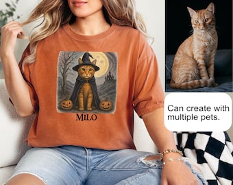 Custom Halloween Cat T-Shirt with Pet Photo & Name – Personalized Cat Lover Gift – Spooky Cute Cat Shirt for Halloween Party Fall Season
