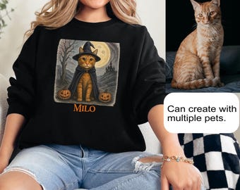 Custom Halloween Cat Sweatshirt with Pet Photo & Name – Personalized Cat Lover Gift – Spooky Cute Cat Shirt for Halloween Party Fall Season