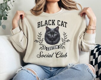 Custom Black Cat Social Club Sweatshirt, Personalized Black Cat Sweater, Black Cat Mom Shirt, Cat Mama Crewneck, Black Cat Lover Gift