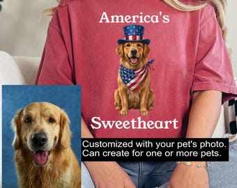 Custom Comfort Colors 4th of July Dog Cat Shirt from Photo, Personalized Patriotic Pet Portrait T-Shirt, America 250 TShirt, USA Flag Tee