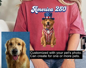 Custom Comfort Colors 4th of July Dog Cat Shirt from Photo, Personalized Patriotic Pet Portrait T-Shirt, America 250 TShirt, USA Flag Tee