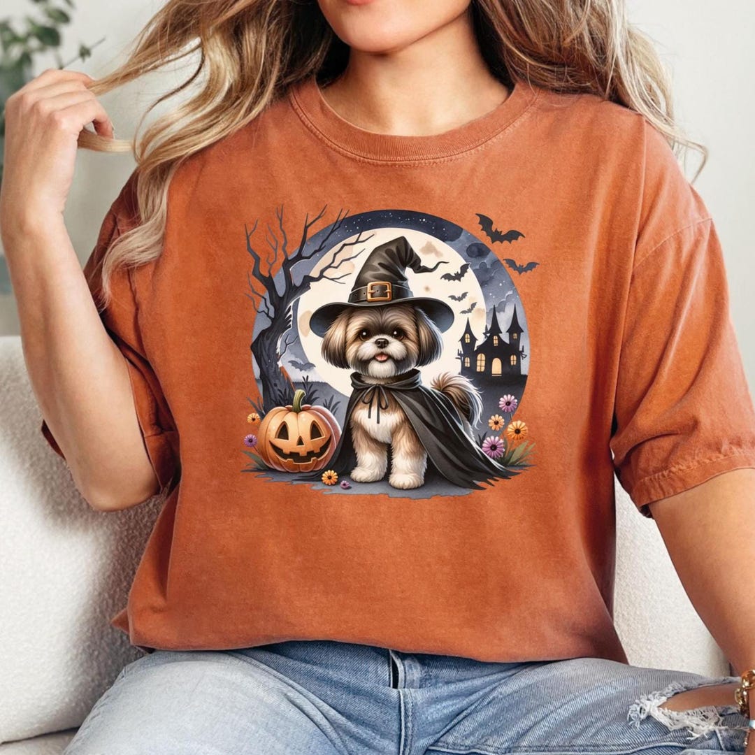 Shih Tzu Halloween Shirt, Halloween Dog Lover Crewneck, Cute Witch Dog ...
