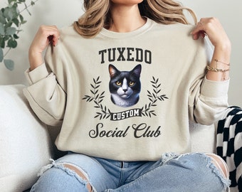 Custom Tuxedo Cat Social Club Sweatshirt, Personalized Tuxedo Cat Sweater, Tuxedo Cat Mom Shirt, Cat Mama Crewneck, Tuxedo Cat Lover Gift