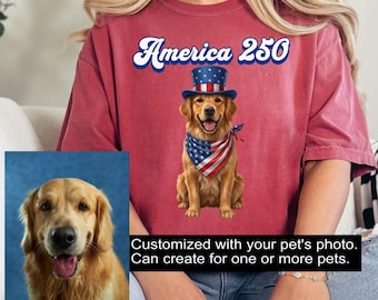 Custom Comfort Colors 4th of July Dog Cat Shirt from Photo, Personalized Patriotic Pet Portrait T-Shirt, America 250 TShirt, USA Flag Tee