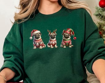 Pug Christmas Sweatshirt, Pug Dog Lover Holiday Sweater, Christmas Dog Shirt
