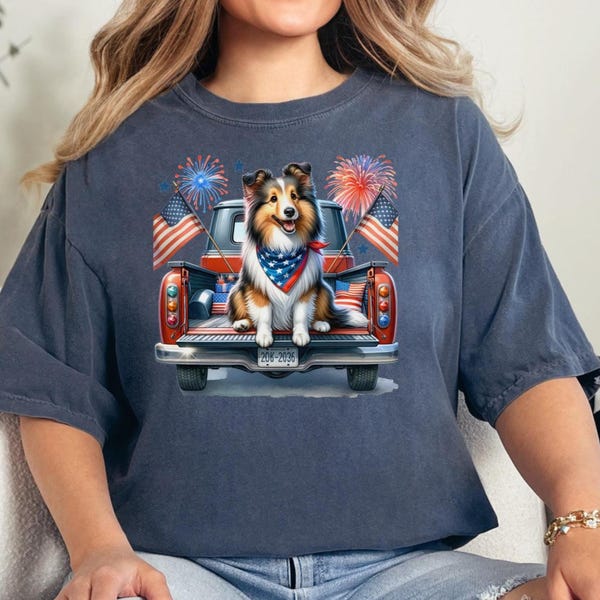 Camiseta Sheltie Comfort Colors del 4 de julio, camiseta patriótica para mamá de perro, regalo para mamá Sheltie, camiseta para amantes de los perros pastores de Shetland, camiseta del 4 de julio