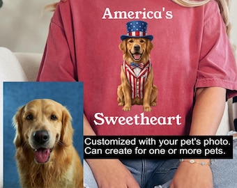 Custom Comfort Colors 4th of July Dog Cat Shirt from Photo, Personalized Patriotic Pet Portrait T-Shirt, America 250 TShirt, USA Flag Tee