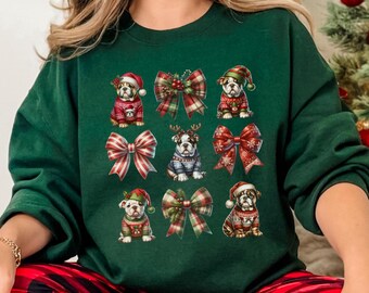 English Bulldog Christmas Sweatshirt, Bulldog Dog Lover Holiday Sweater, Christmas Coquette Bows Shirt