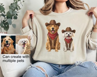 Custom Cowboy Dog Sweatshirt From Photo, Personalized Pet Portrait Sweater, Funny Dog Costume Shirt, Unique Gift for Dog and Cat Lovers