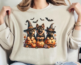 German Shepherd Halloween Sweatshirt, Halloween Dog Lover Sweater, Ghost Witch Dog Shirt, Shepherd Dog Mom Gift, Women Fall Crewneck