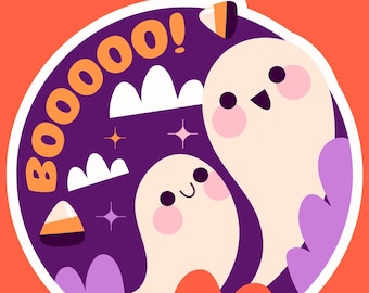 May include: A purple and white Halloween sticker with two friendly ghosts and the text "BOO000!" in orange. The ghosts have pink cheeks and smiling faces.