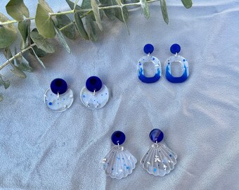 Blue and Clear Earrings with Blue Glitter and Silver Foil