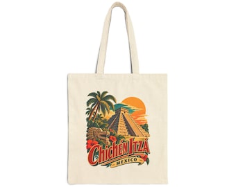 Bolso de mano con estampado de la puesta de sol en la pirámide de Chichén Itzá / Estilo souvenir de viaje a México / Regalo para turistas / Ganas de viajar / Maravilla