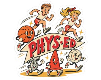 Pegatina troquelada con diseño gráfico retro de dibujos animados para educación física / Tema de educación física escolar / Regalo de cumpleaños / Estilo escolar